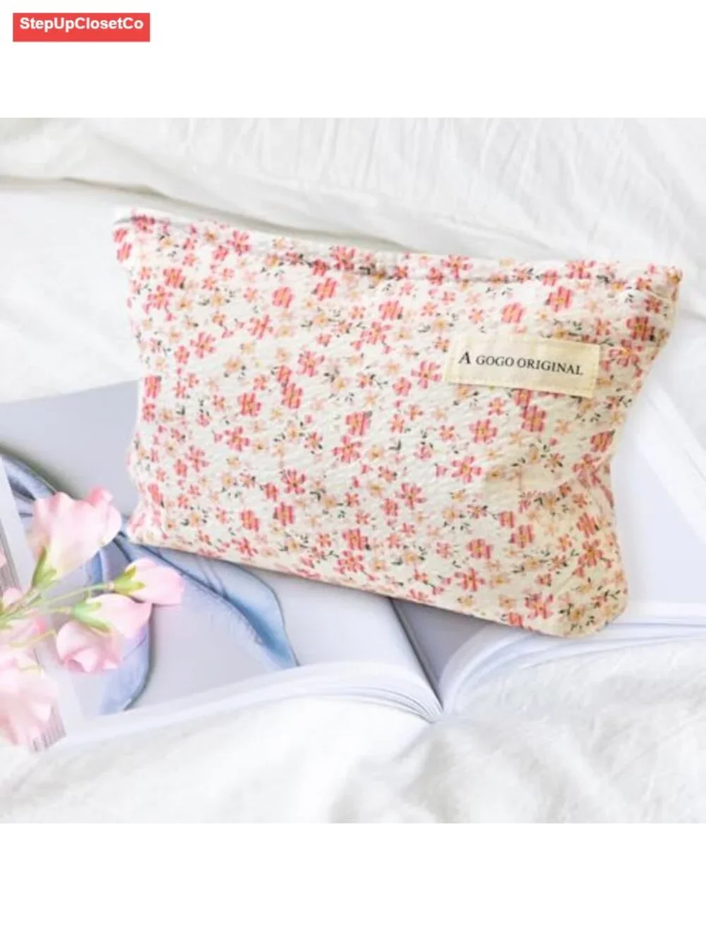 Quilted Floral Cotton Makeup Bag with Zipper - Travel Cosmetic Organizer Pouch